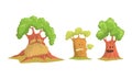 Trees Cartoon Characters Collection, Plant Trees with Funny Faces Showing Various Emotions Vector Illustration