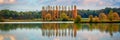 Trees and clouds reflections on a pond in autumn, panoramic landscape in Burgundy France