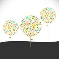 Trees with creative geometrical and leaves silhouettes decoration on white background