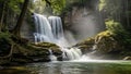 Trees with dense foliage frame the waterfall creating a serene natural Royalty Free Stock Photo