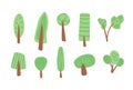 Trees doodle set. Forest elements collection. Plant bushes spring garden. Vector flat illustration