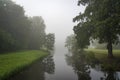 The trees on either side of this ditch are beautifully reflected in the water of a ditch on a foggy morning in the Westerpark in Z Royalty Free Stock Photo