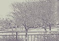 Trees in the fenced park covered with snow