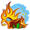 Trees is on fire. Environmental poster. Take care of the forest. Protecting the world. Cartoon vector