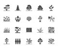 Trees flat glyph icons set. Plants, landscape design, fir tree, succulent, privacy shrub, lawn grass, flowers vector