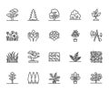 Trees flat line icons set. Plants, landscape design, fir tree, succulent, privacy shrub, lawn grass, flowers vector