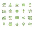 Trees flat line icons set. Plants, landscape design, fir tree, succulent, privacy shrub, lawn grass, flowers vector