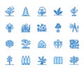 Trees flat line icons set. Plants, landscape design, fir tree, succulent, privacy shrub, lawn grass, flowers vector Royalty Free Stock Photo