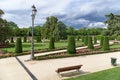 Trees, flower beds and footpaths in park Buen-Retiro in Madrd, Spain