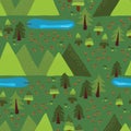 Trees, forest, lakes, meadow, mountains on green background. Mountain lake outdoor scene seamless vector pattern. Nature, national Royalty Free Stock Photo