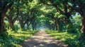 Strolling down a tree-lined path in the midst of summer. deep forest with sunlight