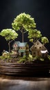 Trees grow on piles of money and energy-saving charts on home models