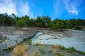 Trees grow on the rock. In background blue sky with clouds. Royalty Free Stock Photo