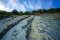 Trees grow on the rock. In background blue sky with clouds. Royalty Free Stock Photo