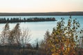 Trees growing on a sand bar in Lake Superior in Ashland Wisconsin. Taken at sunset in the fall Royalty Free Stock Photo