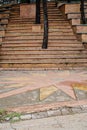 trees growing on the steps of a city park.