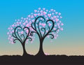 Trees hearts silhouette illustration on blue