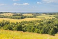 Trees and hills near the russian village at summer day june