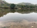 Trees and hills reflecting in a lake