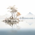 Serene Tree Island: Oriental Minimalism Landscape With Birds