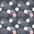 Trees light colors outlines on dark background and rounds. seamless vector pattern