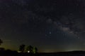 Trees lit up by campers on lake shore under the Milky Way Royalty Free Stock Photo