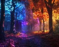Trees with luminous leaves casting neon glows on a forest of whispering shadows Royalty Free Stock Photo