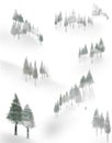 Trees mingle with fog on a snow covered mountain