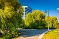 Trees and a modern building seen at North Point Park in Boston, Royalty Free Stock Photo