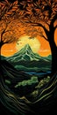 Vibrant Art Nouveau-inspired Illustration Of Mountains In The Sun