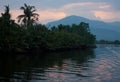 Trees and mountains during a beautiful sunset near Kampot in Cambodia