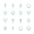 Trees outline green vector icons set. Minimalistic design.