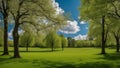 trees in the park a spring park with green grass and trees under a blue sky with clouds The photo shows a wide view Royalty Free Stock Photo