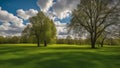 trees in the park a spring park with green grass and trees under a blue sky with clouds The photo shows a wide view Royalty Free Stock Photo