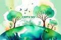 Trees, planet, nature.World environment day. Earth globe with splashes in watercolor style art. Royalty Free Stock Photo