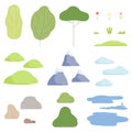 Trees, plants, flowers, mountains, clouds, lake, collection of nature landscape constructor design elements vector Royalty Free Stock Photo