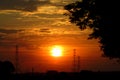 Trees and power line towers silhouettes at sunset orange light Royalty Free Stock Photo