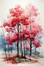 Trees with red leaves and large flowers in subtle smeared waterc