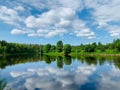 Trees are reflected in the river on a summer day. Royalty Free Stock Photo