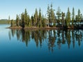 Trees reflected in still, blue lake