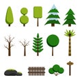 Trees, rocks and game elements in flat style.