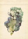 Trees. Rorschach. Abstraction background. Yellow, blue and green watercolor painting on old paper. Vintage style.