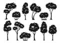 Trees shrub cartoon silhouette set abstract engraved evergreen stylized plant shape bush collection