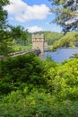 Through the trees to the towers of Howden Dam in Derbyshire Royalty Free Stock Photo