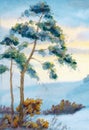 Trees in the winter forest. Watercolor landscape Royalty Free Stock Photo