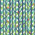 Trees woods seamless stripes pattern. Forest trees with birds