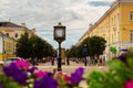 Trekhsvyatskaya pedestrian street with main clock in Tver in summer , Russia Royalty Free Stock Photo