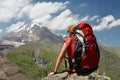 Treking for the Kazbek peak in the mountains of the Caucasus