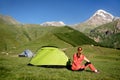 Treking for the Kazbek peak in the mountains of the Caucasus Royalty Free Stock Photo