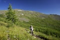 Trekker in Altai Mountains